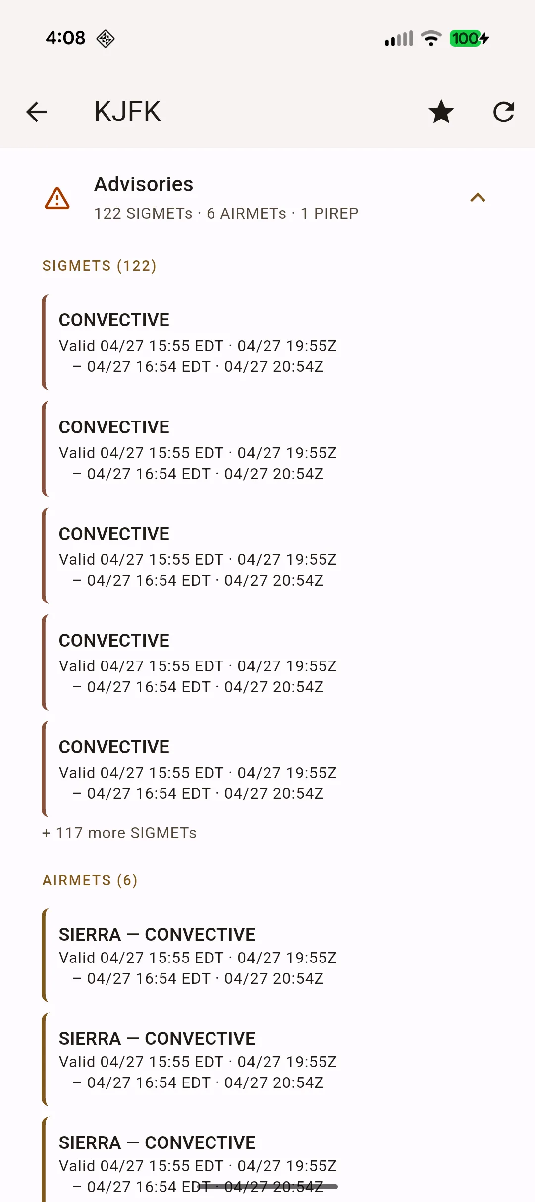 Advisories list showing multiple SIGMETs and AIRMETs with their valid windows