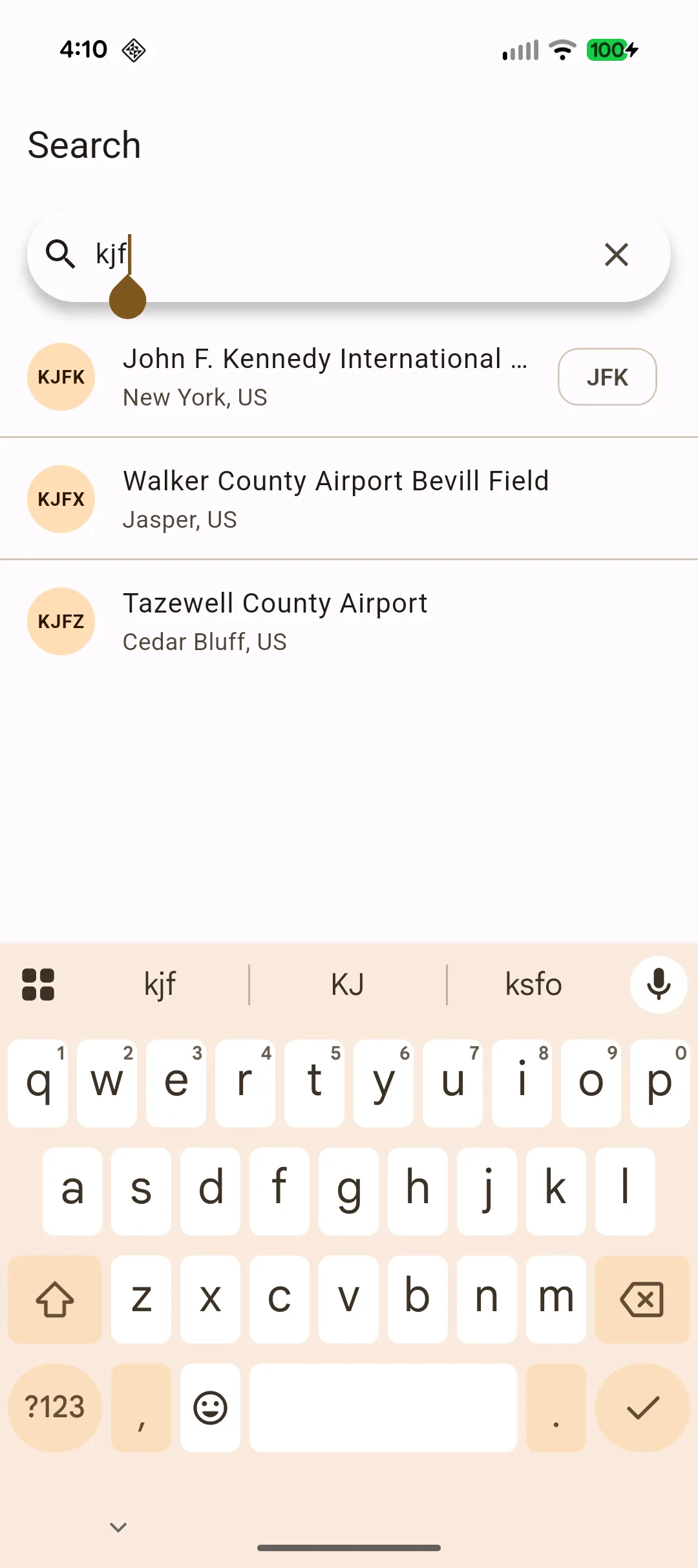 Search screen showing autocomplete results for an ICAO query
