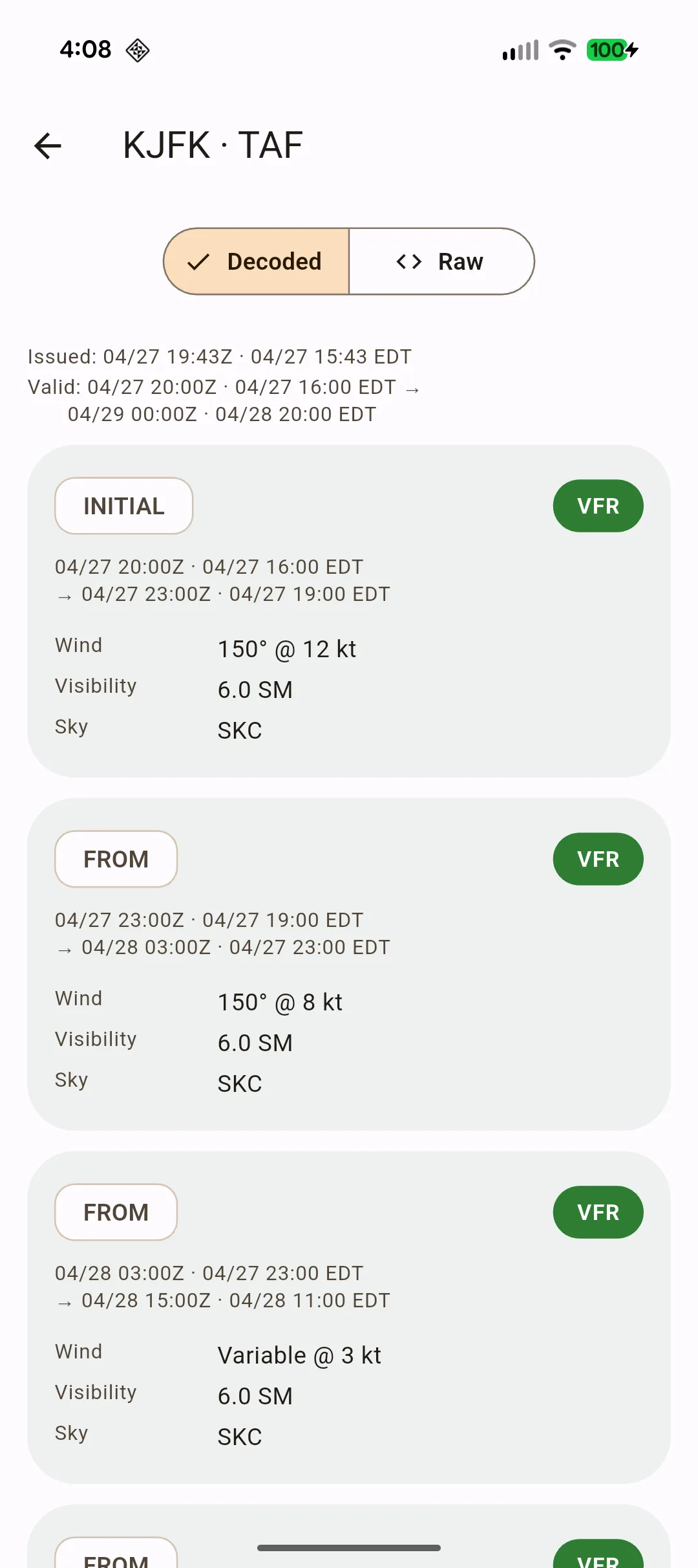 Decoded TAF showing FROM and BECMG groups with category bars and times