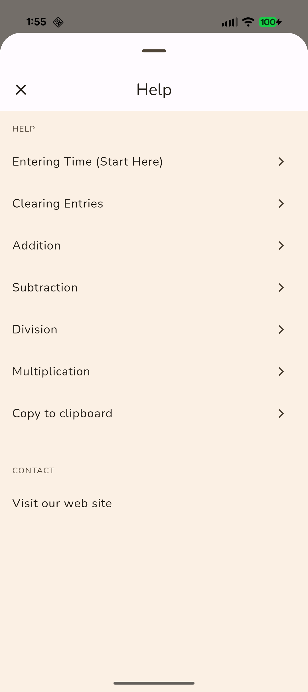 In-app help menu with topic list